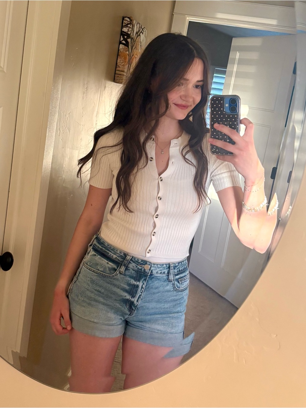 Forever 21 White Ribbed Short Sleeve Button-Down Top